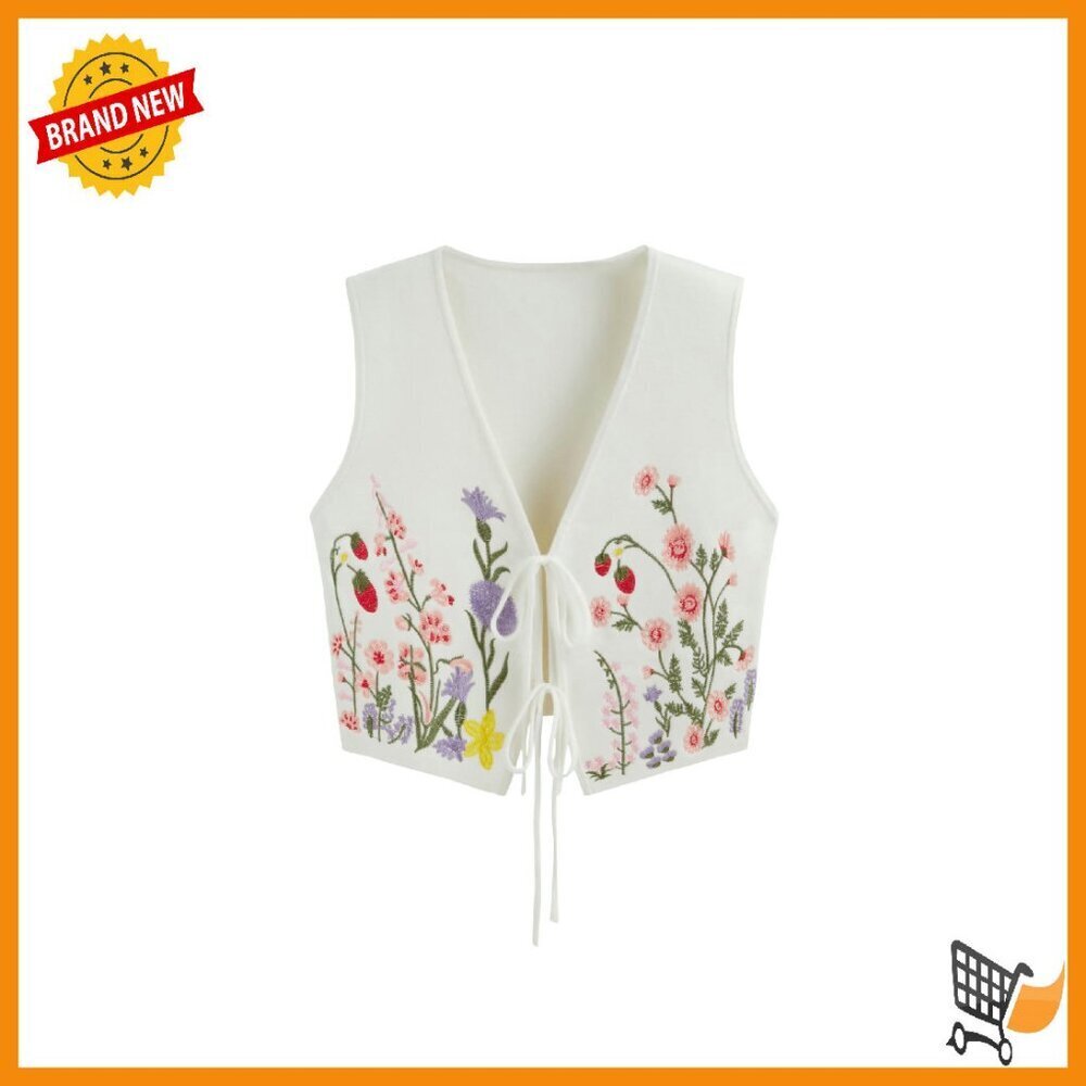 Floral Embroidery Tie Front Sweater Vest Sleeveless Knit Top